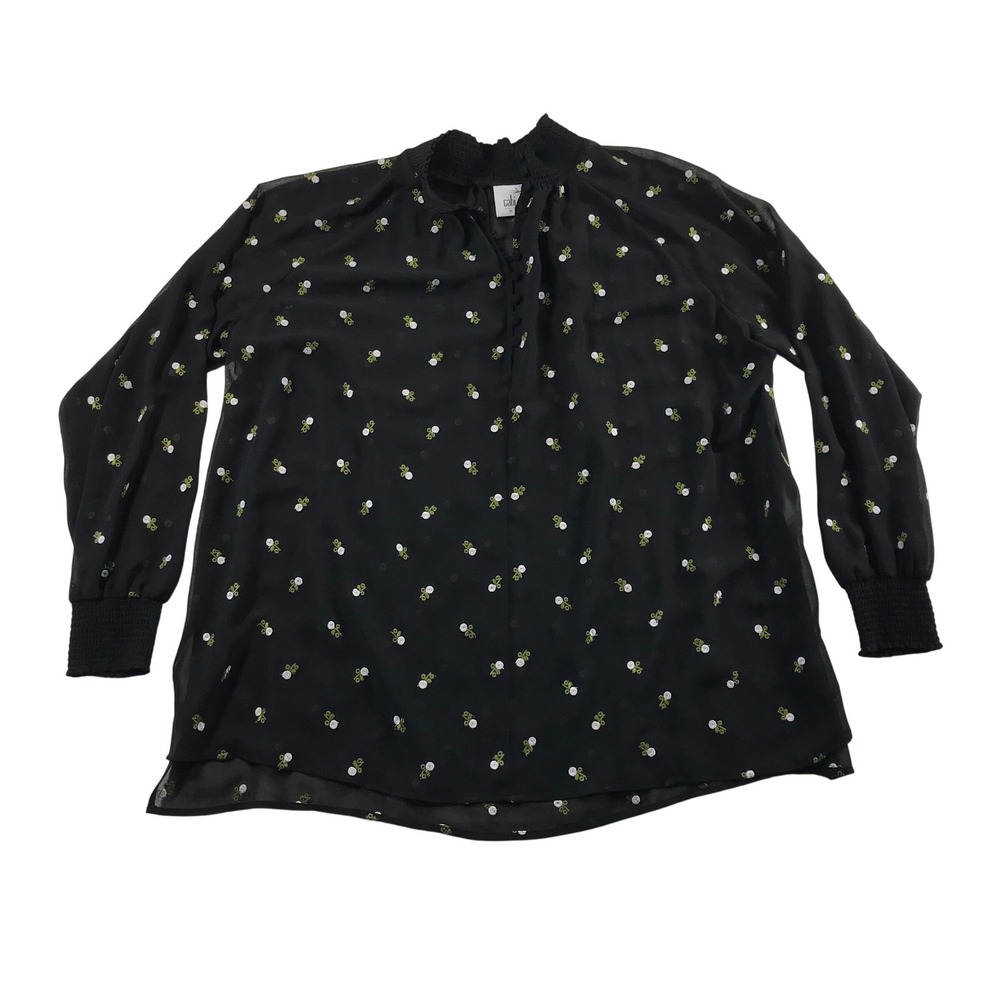 Cabi Black Floral Embroidered Smocked Neck Blouse Top 5338 Medium